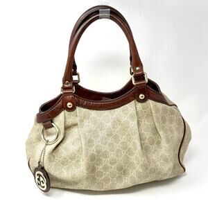 Gucci Sukey GG Monogram Logo Canvas Leather Tote Handbag Hobo Purse Brown Beige